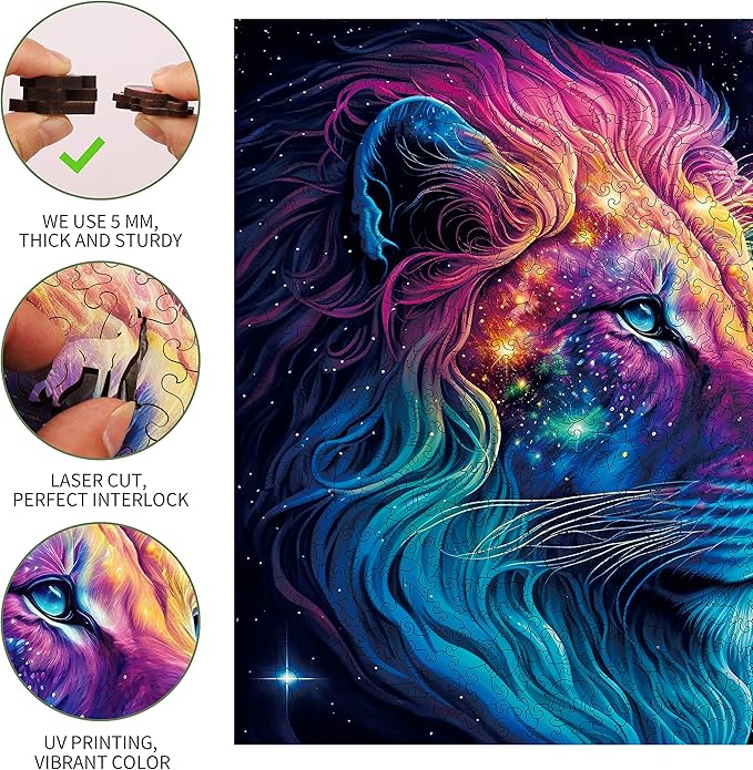 Unique Wooden Jigsaw Puzzles - Starry Lion, 200 Pcs Medium Size 11.2'' x 11.2'', Luxurious Animal Shaped Wood Puzzle, Beautiful Package, Best Gift for Adults