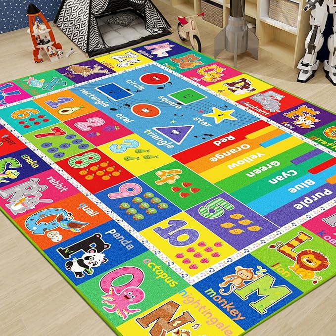 ABC Carpet, Kids Rugs for Playroom, Educational Play Mat for Kids, Preschool Rugs with ABC, Numbers, Animals Learning Rugs for Bedroom Playroom Classroom Baby Toddler Children (Blue, 78.7X59 INCH)