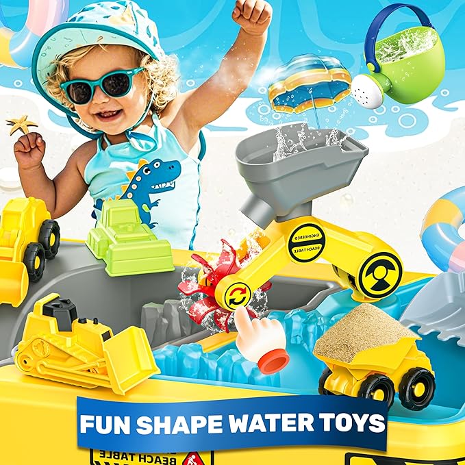BELLOCHIDDO Sand and Water Table for Toddlers - Summer Toys with 4 Construction Trucks, Portable Outdoor Sandbox Activity Table, Beach Toys for Boys & Girls