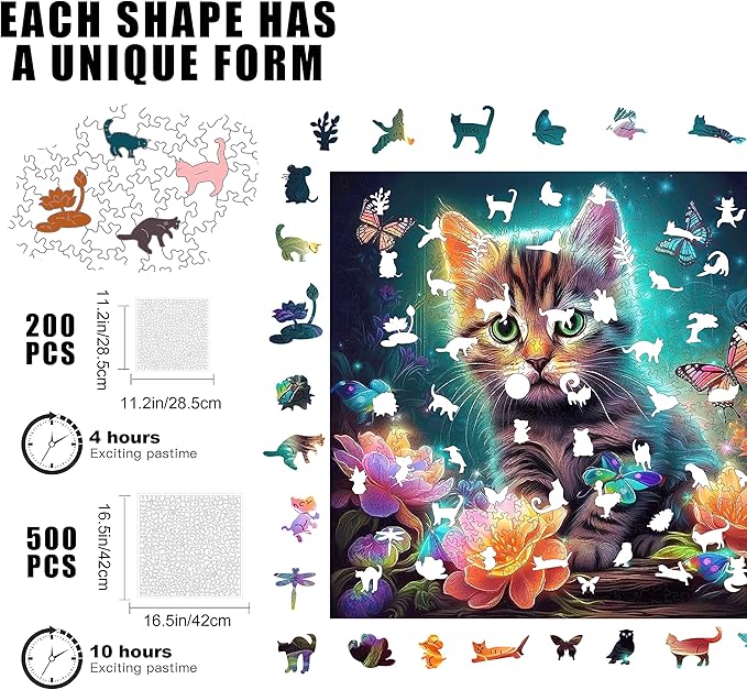 Wooden Puzzles, Kitten in Dream Wooden Jigsaw Puzzles 500 Piece, Unique Luxurious Shaped Wood Puzzle for Adults and Kids, Best Gift for Birthday 11.2 x 11.2 Inch