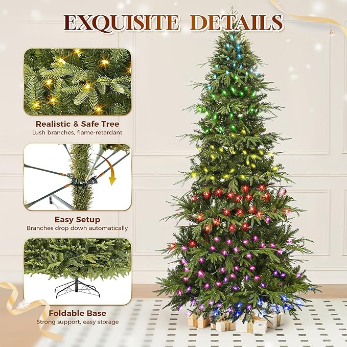 HOLLO STAR 9 ft Prelit Pencil Christmas Tree with 600 LED Lights, App Control, Aspen Artificial Christmas Tree, Multi-Color RGBW Lights, 2519 PE & PVC Branch Tips, Skinny Xmas Tree, for Home, Party