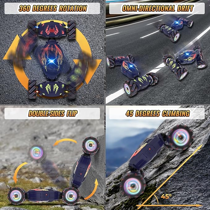 Pristar RC Cars, Gesture Sensing RC Stunt Car Toys for Boys Girls 6-12, 2.4Ghz 4WD Remote Stunt Car with Spray Lights Music 360° Rotate Fast Off-Road Transform, Birthday Xmas Gifts for Kids Age 6-12