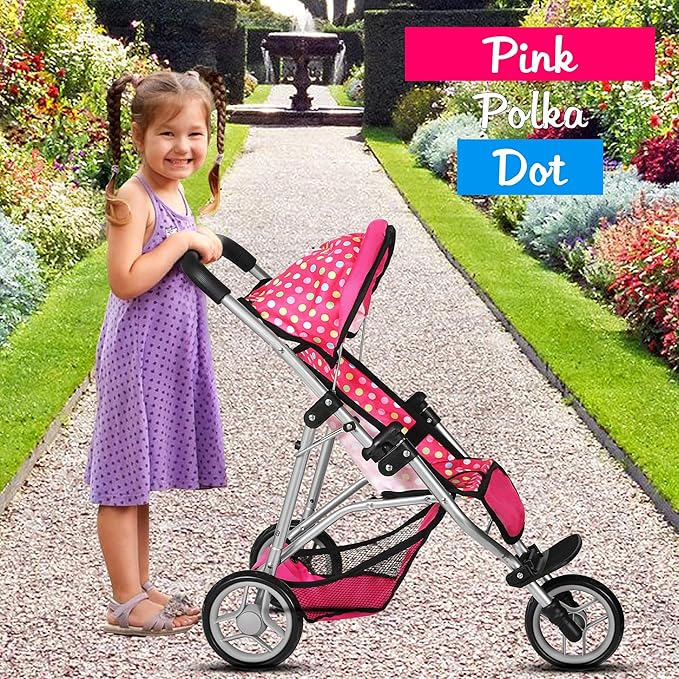 Fash N Kolor - Baby Doll Stroller with Adjustable Canopy & Toy Storage Basket - Foldable Baby Stroller for Pretend Play - Denim Pink,