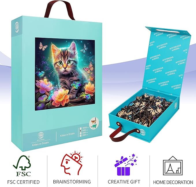 Wooden Puzzles, Kitten in Dream Wooden Jigsaw Puzzles 500 Piece, Unique Luxurious Shaped Wood Puzzle for Adults and Kids, Best Gift for Birthday 11.2 x 11.2 Inch