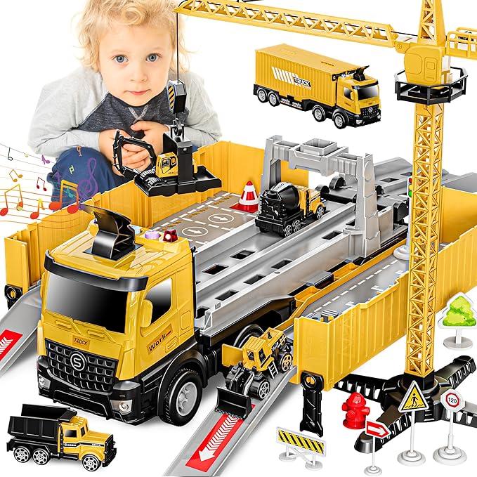 Construction Toys Truck Crane for Kids - Truck Race Track Kids Toy Eject Car Set Excavator Bulldozer Dump Trucks Cement Truck Vehicle Easter Christmas Birthday 2+ 3 4 5 6 7 8 Years Old Boy Girl Gift