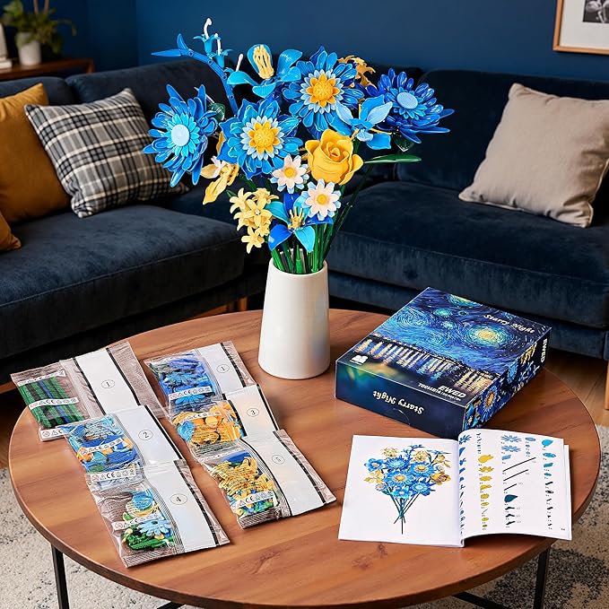 Starry Blooms Flowers Bouquet Building Set for Adults, Artificial Flower Compatible with Lego Botanical Collection, Gift for Christmas Thanksgiving Mother's Valentine's Day, Home Office Decor