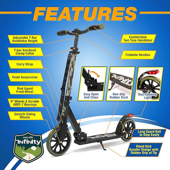 SereneLife Kick Scooter Adult Teenagers Kids- 2 Wheel Kids Scooter with Adjustable T-Bar Handlebar - Alloy Anti-Slip Deck - Portable Folding Scooters for Kids with Carrying Strap