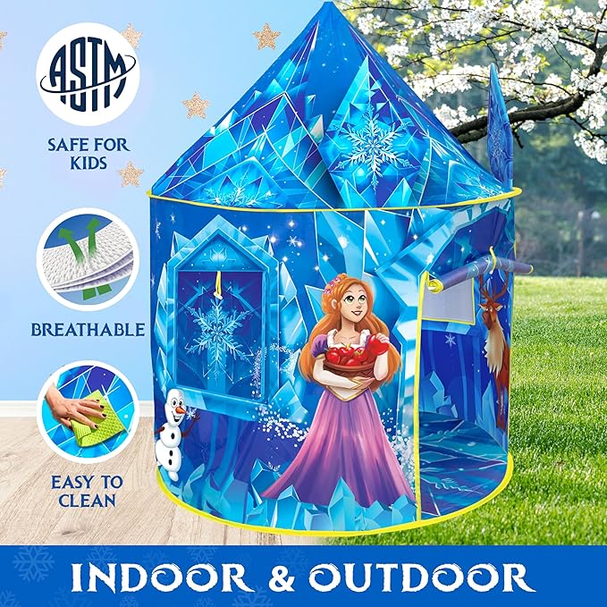 W&O Frozen Princess Tent for Girls with Magical Sound Button, LED Lights, Crown & Wand โ Indoor & Outdoor Frozen Tent for Girls Ages 3-7