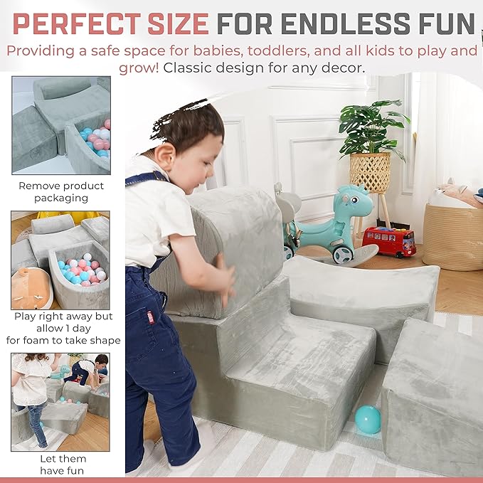 Foam Climbing Blocks for Toddlers 1-3 - Climb and Crawl Activity Playset - Indoor Activity Play Structure for Toddlers - Foam Soft Play Set for Babies - 5 PCS - Balls NOT Included - Gray