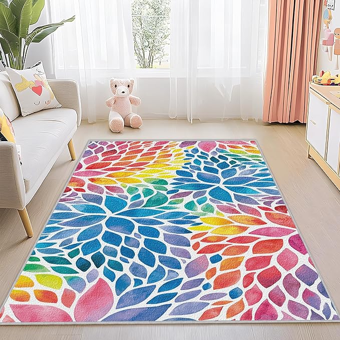 Abstract Rainbow 3x5 Entryway Rugs Colorful Dahlia Floral Rugs Multicolor Area Rug, Non-Slip Machine Washable Entrance Mat Carpet for Playroom Nursery Dining Room Kitchen Laundry 3' x 5'