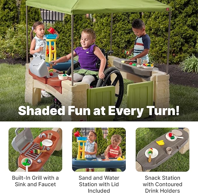 Step2 All Around Playtime Patio with Canopy, Kids Indoor/Outdoor Kitchen Playset & Sensory Playhouse, Made of Durable Plastic, Includes 16 Piece Toy Accessories, For Toddlers 2+ Years Old, Green