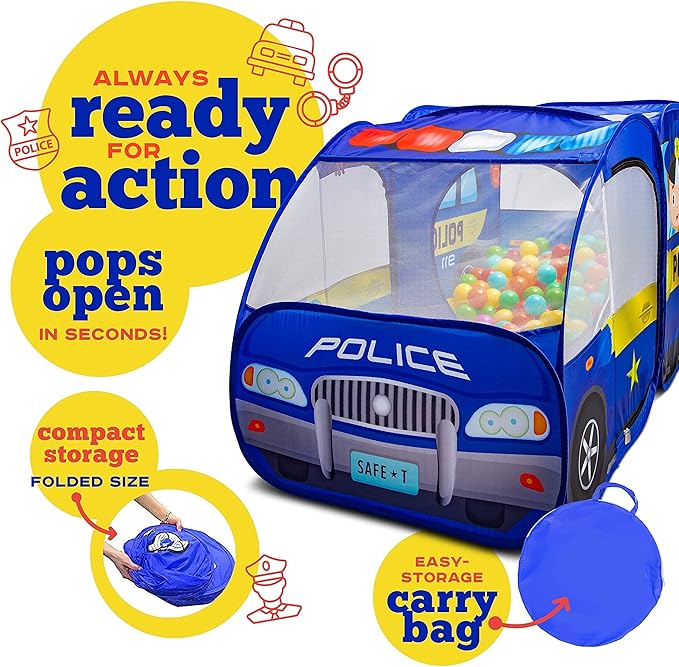 Police Car Pop Up Play Tent with Sound Button for Kids, Toddlers, Boys, Girls, Indoors & Outdoors – Playhouse for Interactive Fun - Foldable, Quick Setup Pretend Play Toys & Gift