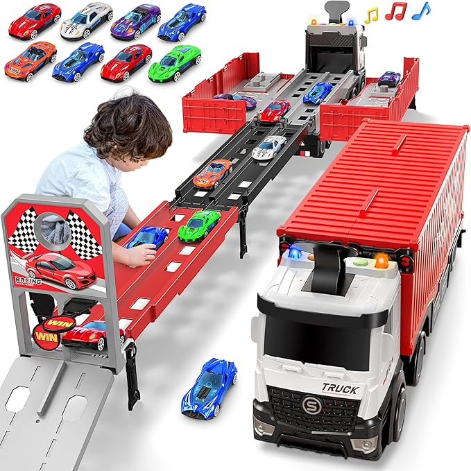 Carrier Truck Race Track Kids Toys, Foldable 3 Layer Toddler Track Playset, Toy Truck Transport Car Carrier & 8 Race Cars, Truck Car Toddlers Toys Xmas Gifts for Age 3 4 5 6+ Years Old Boys Girls