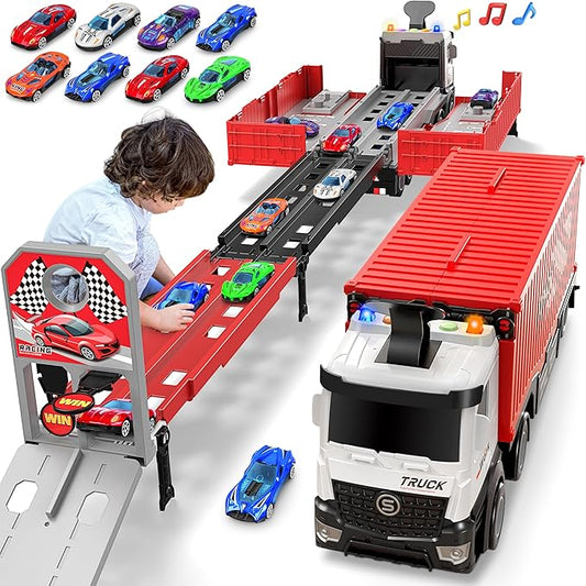 Carrier Truck Race Track Kids Toys, Foldable 3 Layer Toddler Track Playset, Toy Truck Transport Car Carrier & 8 Race Cars, Truck Car Toddlers Toys Xmas Gifts for Age 3 4 5 6+ Years Old Boys Girls