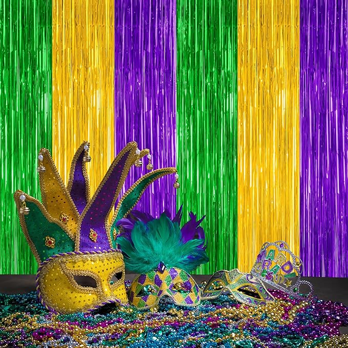 2 Pack Mardi Gras Tinsel Backdrop, 3.28 FT x 7.05 FT Metallic Fringe Curtain, Purple Gold Green Color Foil Backdrop Party Streamer, Mardi Gras Photo Booth Props Lobster Party Decorations