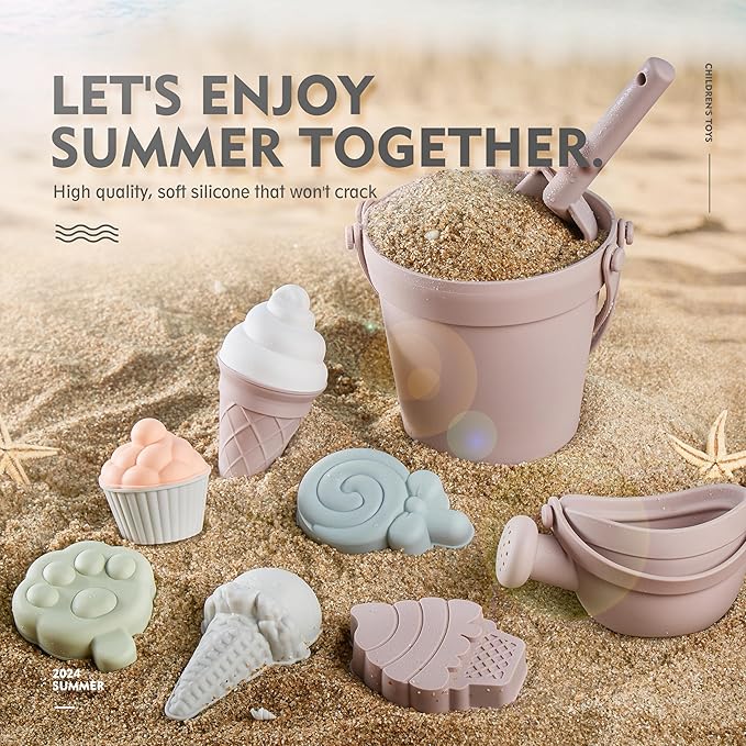 MarcZero 17Pcs Silicone Beach Toys,Modern Baby Beach Toys,Travel Friendly Beach Set,Silicone Bucket, Watering Can, Shovel, 12 Sand Molds, Beach Bag,Silicone Sand Toys for Toddlers, Kids (Pink)