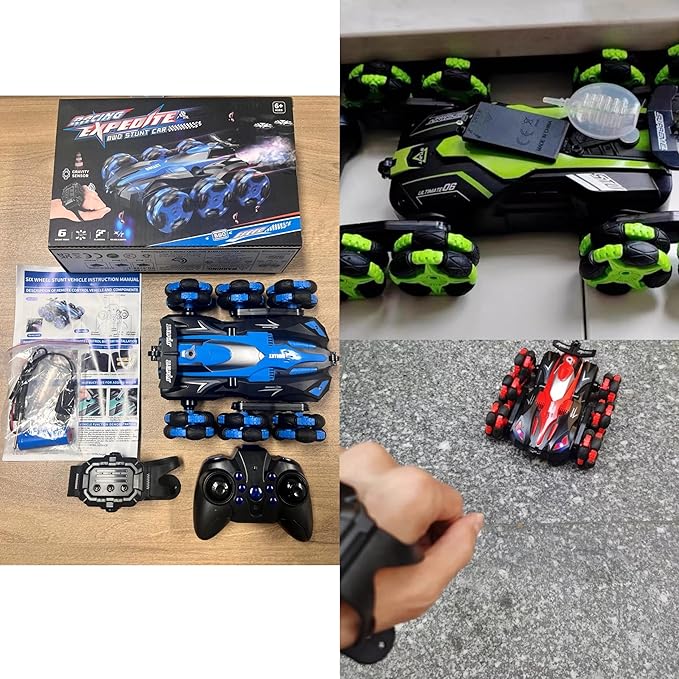 Spray 6 ruedas Rc Stunt Car Pulverización 360 grados Flip Rotating Drift Doble cara Rc Cars Juguetes de Control remoto LRE (Blue)