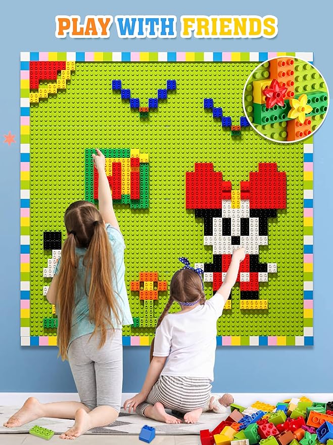 Build On Wall or Table - Customize Building Block Wall, 8 Pack (10" x 20") Self Adhesive Building Base Plate, 440 Pcs Compatible with All Major Brand Brick - Fastest Easiest DIY Fun Wall and Desk