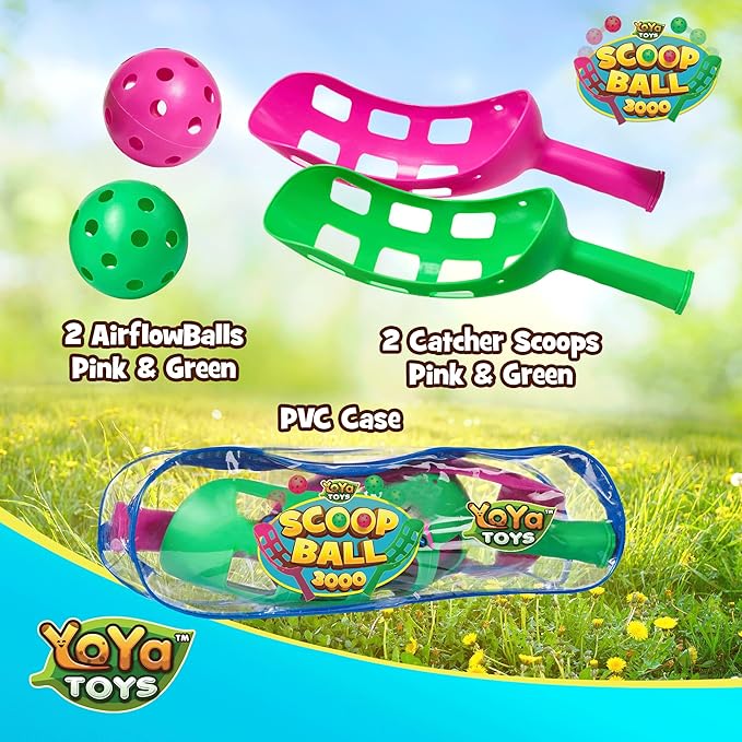 YoYa Toys Scoop Ball Set - Toss & Catch Game for Kids - Outdoor Fun, Beach Toys - Ideal for Field Day, Summer Activities, PE Equipment, Backyards, Parks, Camping - Includes 2 Scoops, 2 Balls, PVC Case