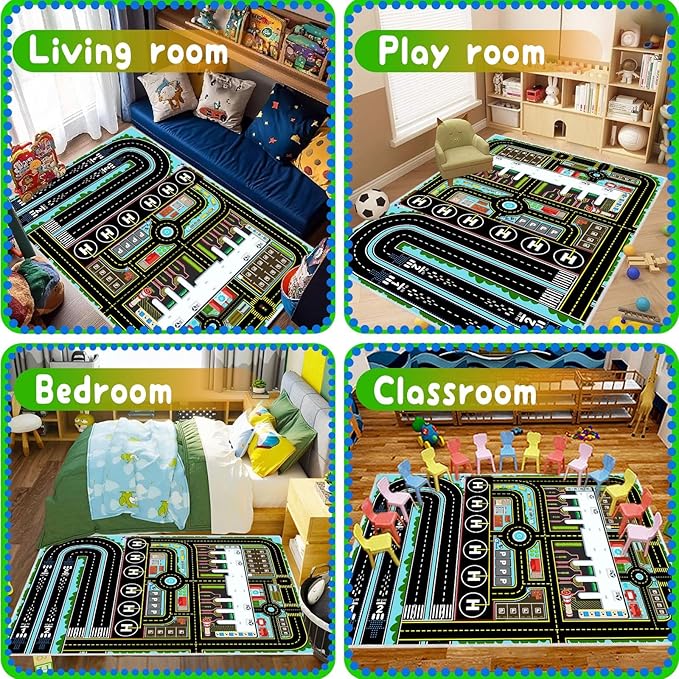 Kids Car Rug Carpet Playmat for Play Toy Cars, Airplane Road Airport Parking Track Rugs Carpet for Playroom Nursery Classroom Kids Room, Car Play Floor Mat Great Gift for Boy Girl 4x6ft