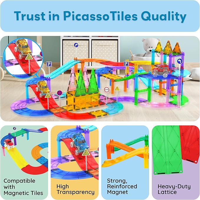 PicassoTiles 6 Piece Race Track Ramp Magnetic Building Block Set Magnet Tiles Construction Toy STEM Learning Kit Education Playset Playboard Pretend Play Stacking Blocks Child Brain Development PTR06