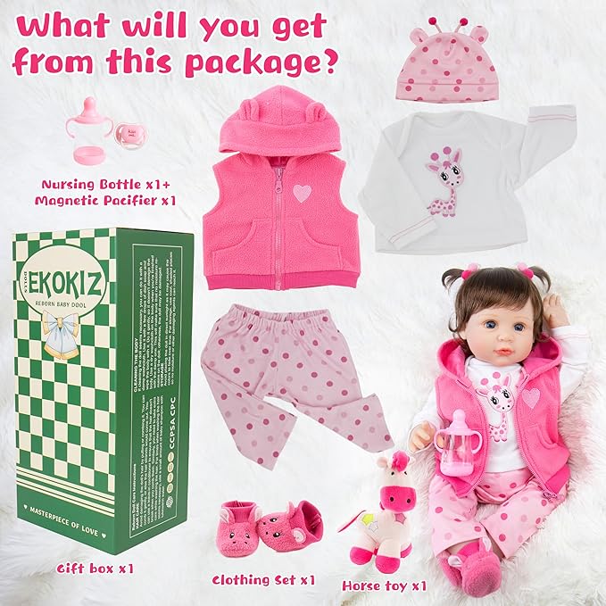 Real Life Baby Dolls, 22-Inch Reborn Baby Doll Soft Cloth Body Lifelike Baby Dolls Complete with Clothes and Toy Accessories Christmas Birthday Gift for Kids Age 3+, Pink Pony