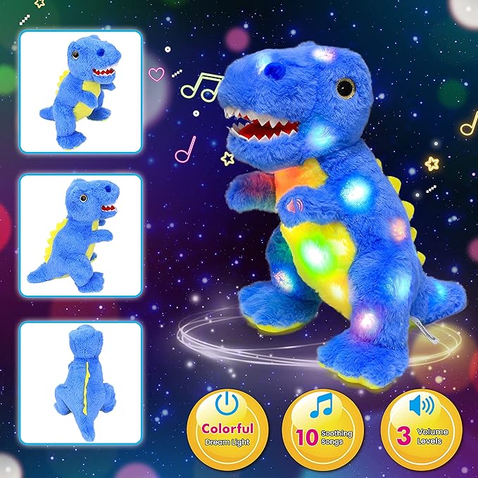 Cuteoy Blue Dinosaur LED Musical Stuffed Animal Light-up Singing Plush T-Rex Adjustable Volume Lullaby Plushies Birthday Christmas Toy Gifts for Kids Toddler Girls, 12"