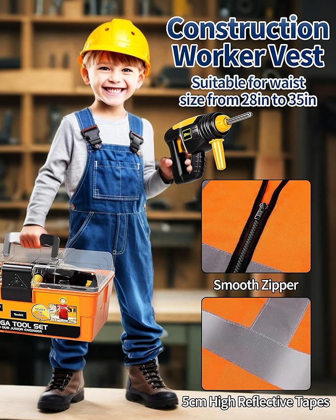 Deejoy Tool Set with Tool Box & Electronic Toy Drill, Pretend Play Kids Construction Kits for Kids Ages 3-5 Years Old, Toddler Boy Toys(Orange)