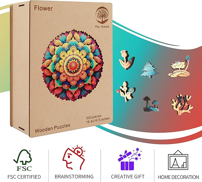 Unique Wooden Jigsaw Puzzles - Flower Mandala, 500 Pcs King Size 16.5'' x 16.4'', Luxurious Shaped Wood Puzzle, Beautiful Package, Best Gift for Adults and Kids, Family Game