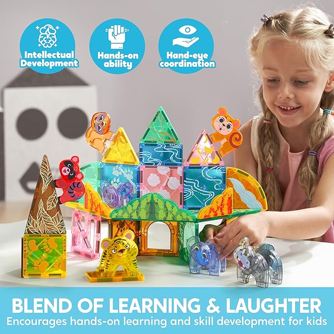 SYNCFUN Magnetic Building Tiles Jungle Animal Set for Kids, 50PCS Including 7 Cute Animals, Educational STEM Toy for Boys & Girls Ages 3-5 4-8, Christmas Birthday Party Gift for Toddlers