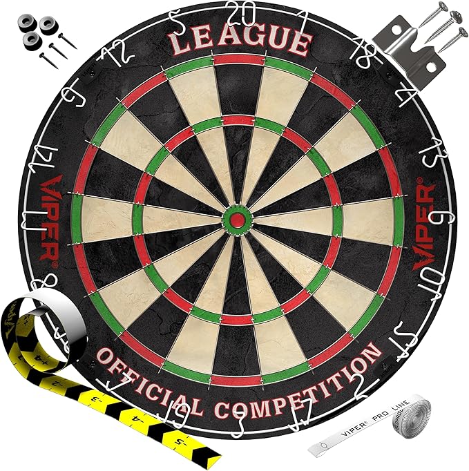 Viper League Regulation Bristle Steel Tip Dartboard Set with Staple-Free Bullseye, Galvanized Metal Thin Radial Spider Wire; High-Grade Compressed Sisal Board with Rotating Number Ring Extending Life
