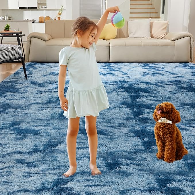 Ultra Soft Rug for Living Room, 8X10 Fluffy Shag Area Rug for Bedroom, Modern Shaggy Carpets Fuzzy Rug for Teens Dorm Nursery Home Decor Aesthetic, Upgrade Anti-Skid Durable, Tie-Dyed Blue Grey