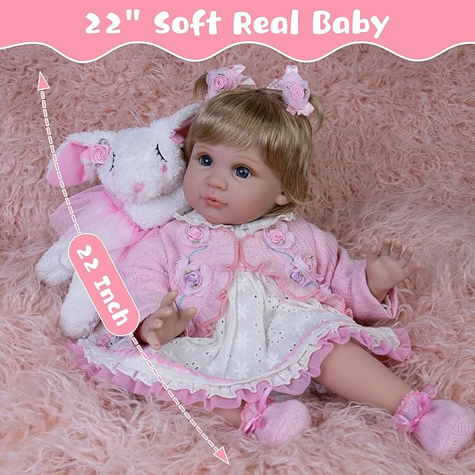 Realistic Baby Doll 22-Inch Newborn Baby Doll Soft Cloth Body Lifelike Reborn Baby Dolls Cute Girls with Clothes and Toy Accessories Set for Kids 3+
