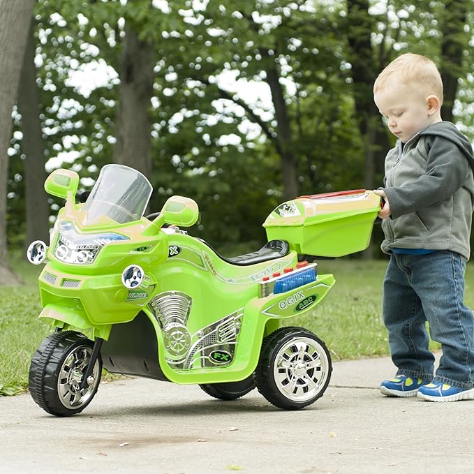 Electric Motorcycle for Kids - 3-Wheel Trike - Battery-Powered Motorbike for Kids Ages 3-6 - Fun Decals, Reverse, and Headlights by Lil’ Rider (Green)