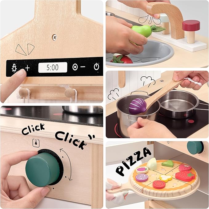 PairPear Play Kitchen for Kids, Wooden Toys Kids Kitchen Playset for Girls and Boys, Mordern Designed Toys Kitchen Gift with Play Food Kitchen Accessoires for 3Y+