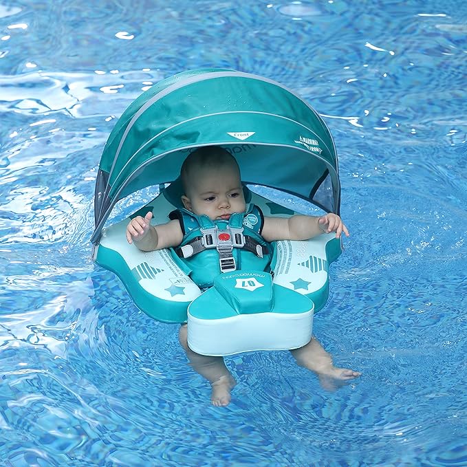 Mambobaby Float Add Tail Baby Swim Float with Canopy, Non-Inflatable Solid Baby Float, Upgrade Soft Waterproof Skin-Friendly Leather Material Infant Swim Float (Global Limited Edition - Green)