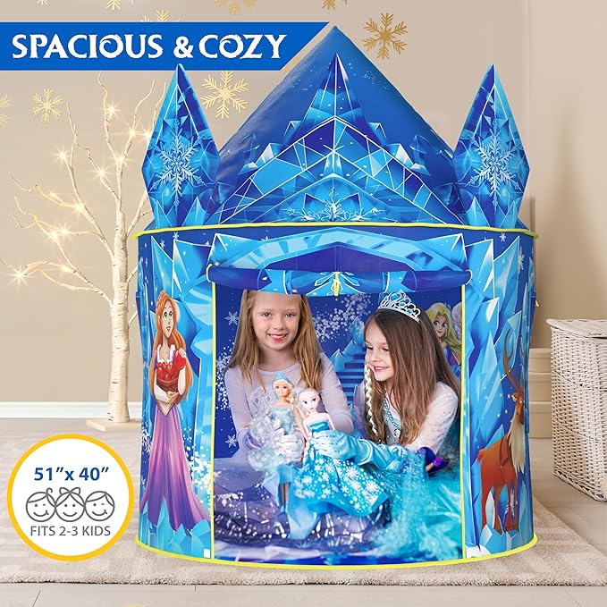 W&O Frozen Princess Tent for Girls with Magical Sound Button, LED Lights, Crown & Wand โ Indoor & Outdoor Frozen Tent for Girls Ages 3-7