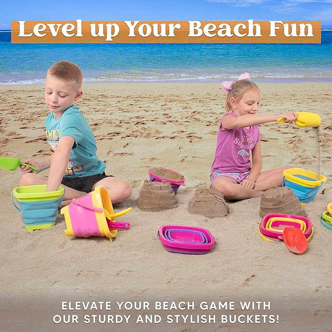 Sloosh 3 PCS Foldable Buckets with 3 Shovels Sand Water Bucket Sandbox Square Party in Summer Foldable Pail Silicone Collapsible Bucket Kids Beach Toys Travel (Yellow/Blue/Green)