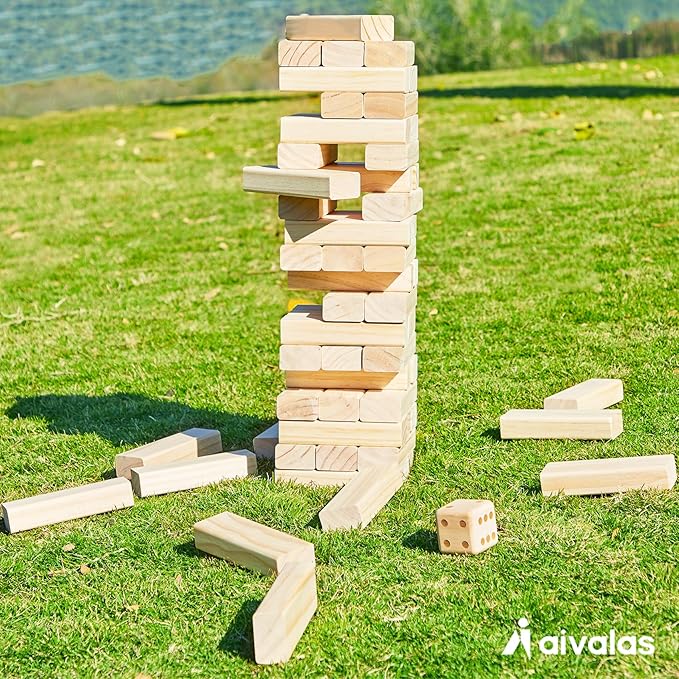 Giant Tumbling Timber Games, 60 Blocks Large Tower Outdoor Game - Includes Carry Bag and Scoreboard, Wood Stacking Backyard Game Grows Up to 5FT for Kids Adults Family