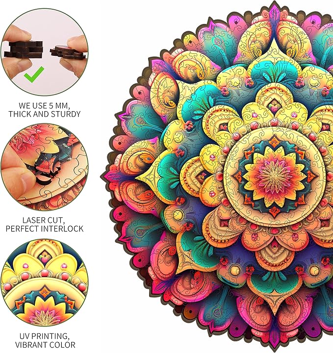 Unique Wooden Jigsaw Puzzles - Flower Mandala, 500 Pcs King Size 16.5'' x 16.4'', Luxurious Shaped Wood Puzzle, Beautiful Package, Best Gift for Adults and Kids, Family Game