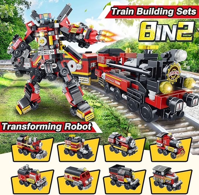 STEM Projects for Kids Age 8-14, Train Sets Construct Kits for Kids Age 9-16, 8-in-2 Building Blocks Robots Toys Gifts for Boys, 766Pcs Building Sets for Teenage Ages 10 11 12 13 14 15.