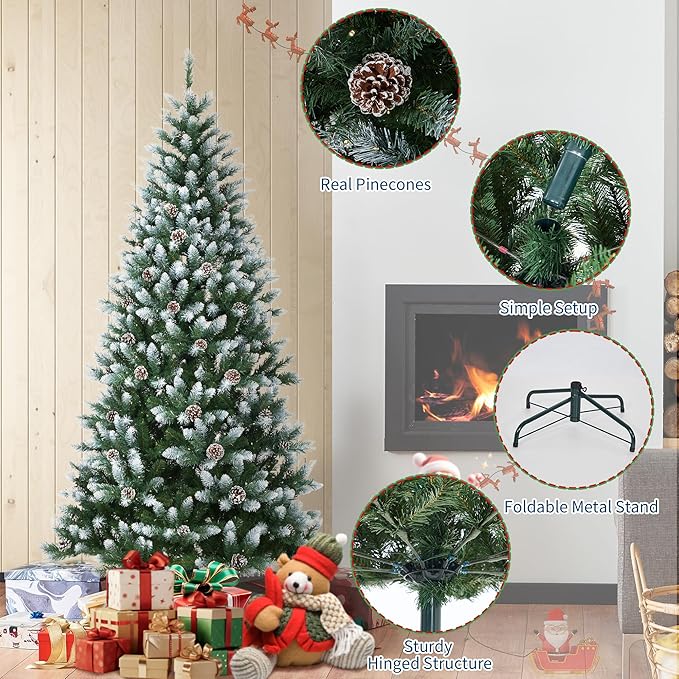 2025 Christmas Pre-Lit Pencil Tree 7.5FT with Lights, Automatic White Spray Artificial Xmas Tree with Pinecone, Decor for Christmas Holiday