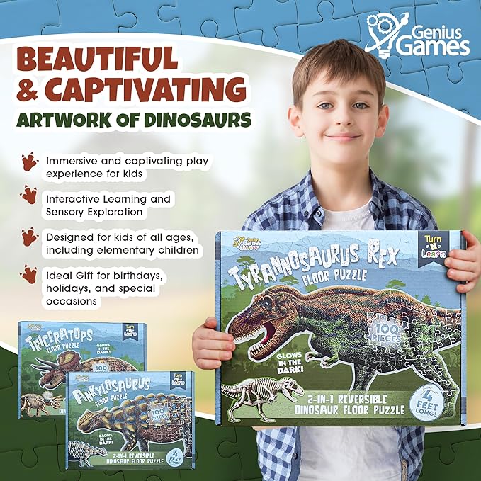 Tyrannosaurus Rex, Triceratops and Ankylosaurus Dinosaur Puzzle Bundle | 100-Piece Each with Glow-in-The-Dark Skeleton On Other Side | 4 FT Scientifically Accurate Dino Illustration