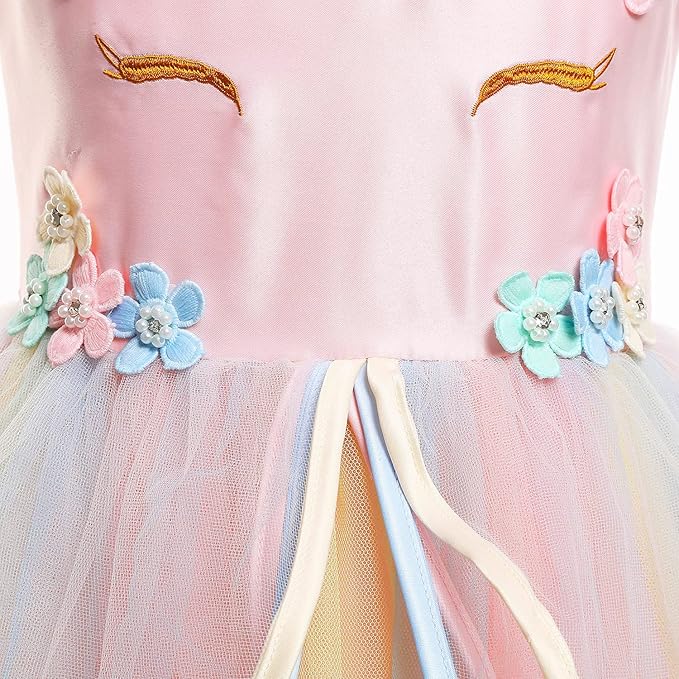 Unicorn Dress for Girls Unicorn Costume Pageant Princess Party Birthday Long Gown with Unicorn Headband & Necklace