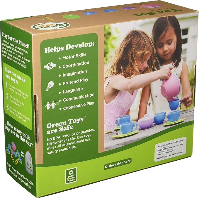 Green Toys Tea Set, Pink 4C - 17 Piece Pretend Play, Motor Skills, Language & Communication Kids Role Play Toy. No BPA, phthalates, PVC. Dishwasher Safe, Recycled Plastic, Made in USA.