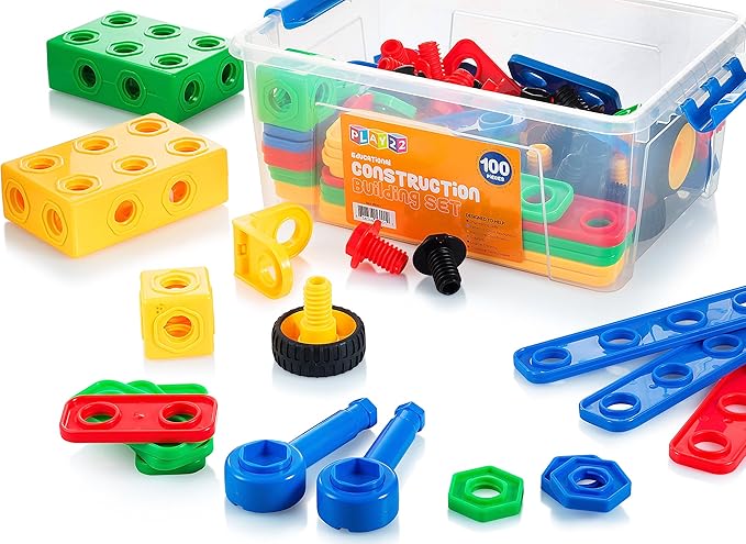 Play22 100Pc Building Blocks for Toddlers Stem Toys - Building Take Apart Toys for Boys and Girls Ages 3 4 5 6 7 8 9 10 - Educational Toys Set with Nice Storage Box