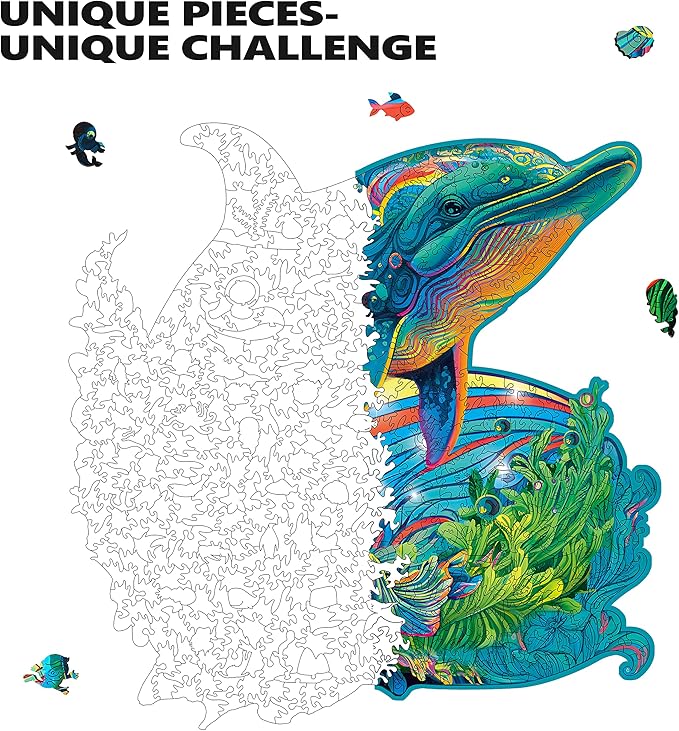 Wooden Puzzles, Dolphin Jigsaw Puzzles 900 Pieces, Unique Shaped Wooden Puzzles for Adults and Kids, Family Game 23.3x22.5 Inch