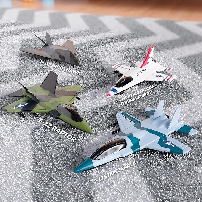 United Sates Air Force 4-Pack Toy Jet Squadron Die Cast Airplanes, Pull Back Military Fighter Jets, Diecast Air Plane Models