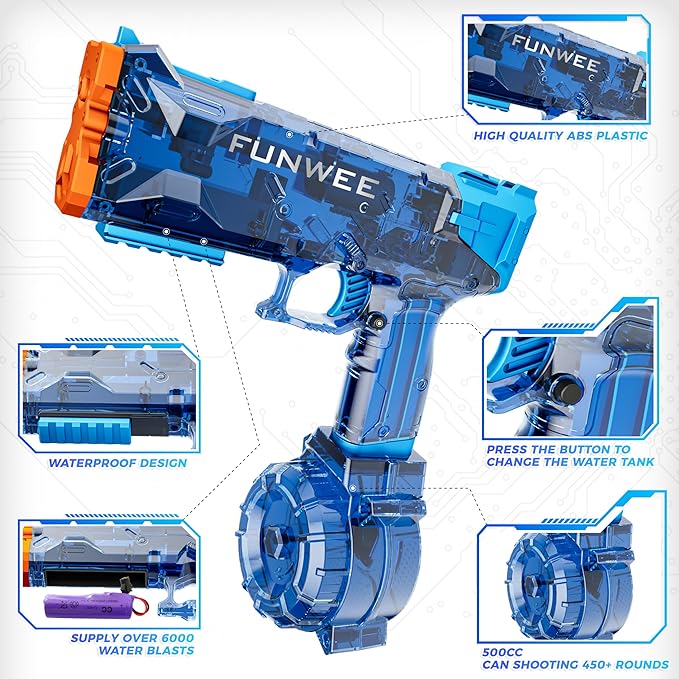 2 Pack Electric Water Guns for Kids, Long Range Powerful Classic Water Squirt, Strongest Full Automatic Water Pistol High Capacity 400+ Water Blaster, Summer Outdoor Swimming Pool Water Toy