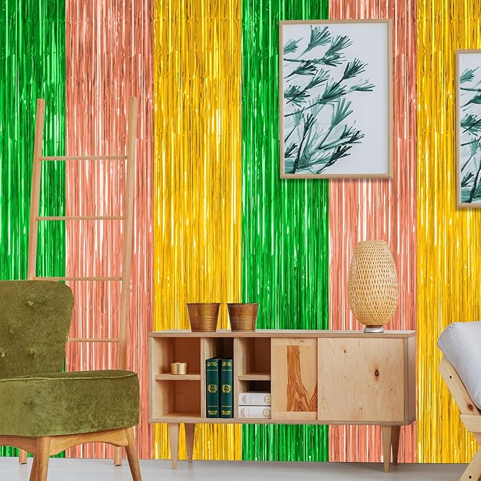 2 Pack Luau Decorations, 3.28 FT x 7.05 FT Summer Party Streamer, Green Brown Yellow Backdrop Tinsel Curtains Fringe Curtains, Metallic Hawaiian Supplies Aloha Party Decor